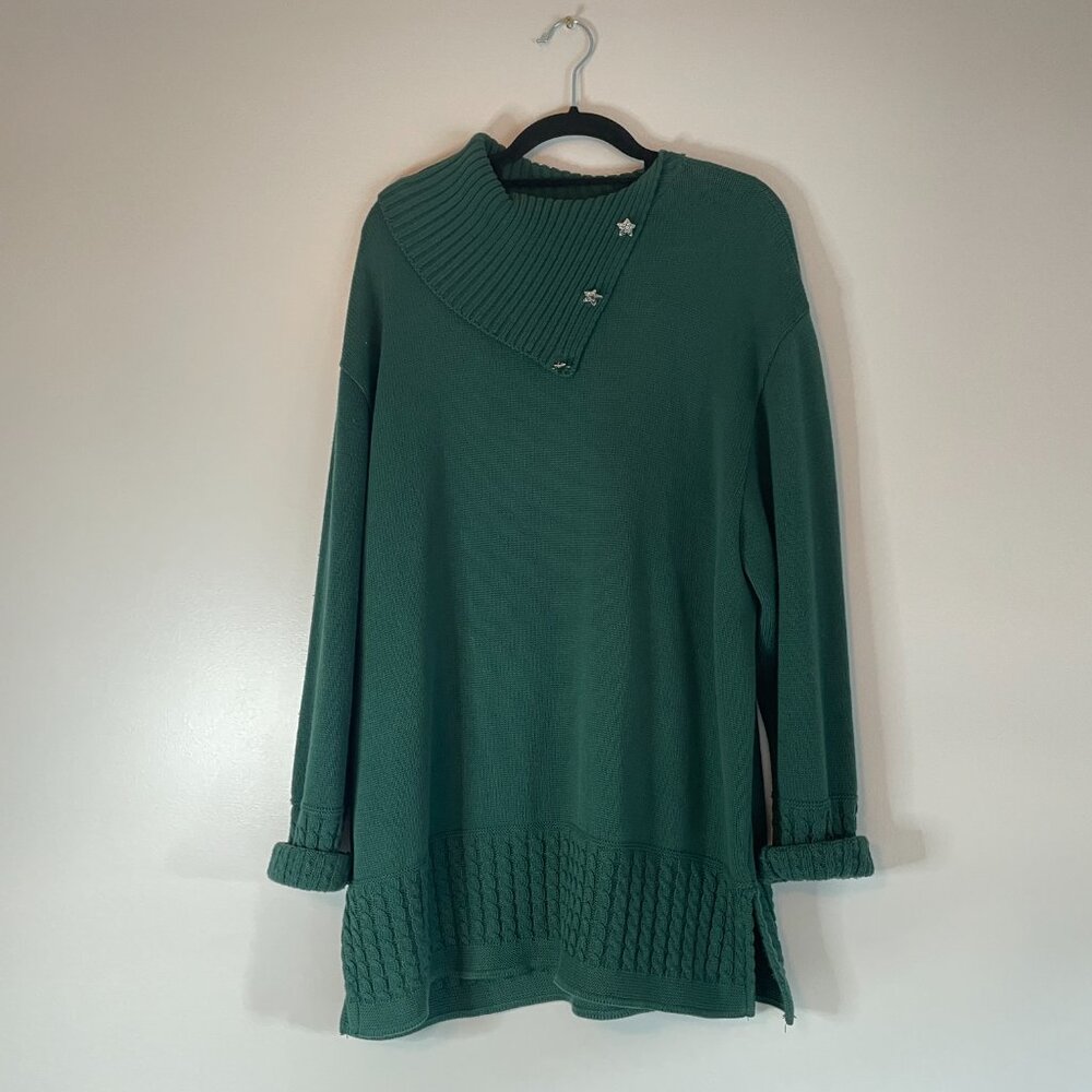 Coldwater Creek Hunter Green‎ Sweater Tunic Cowl Neck Women's Large Star Button